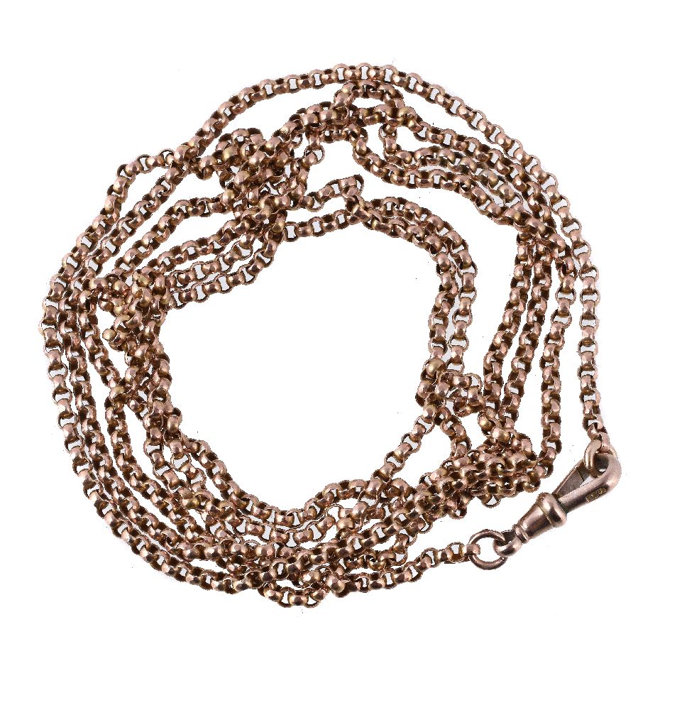 A belcher link long chain, the faceted links to a lobster claw clasp, stamped 9c, 148cm long, 26g