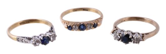 A sapphire and diamond ring, set with circular cut sapphires and old cut diamonds, finger size N;