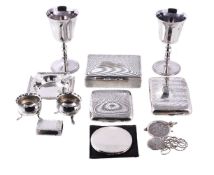 A collection of silver items, including: a pair of goblets by Walker & Hall, Sheffield 1969, with