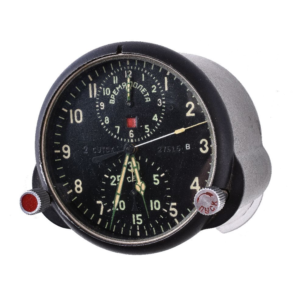 A Russian dash clock, black dial, luminous Arabic numerals, luminous hands, centre chronograph hand,