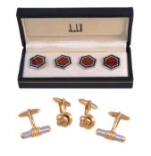 Dunhill, a set of four silver and enamel dress studs, the hexagonal panels with red guilloche enamel