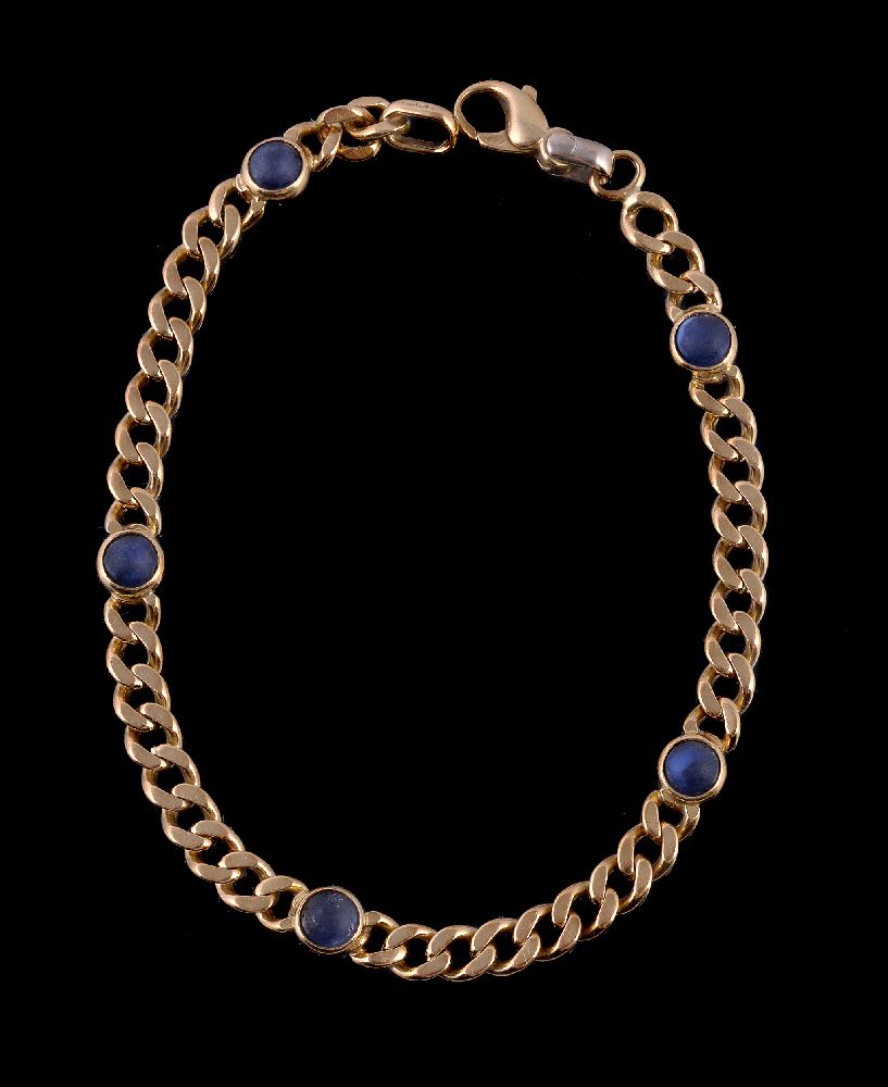A sapphire bracelet, the curb link bracelet set with circular cabochon sapphires, within collet