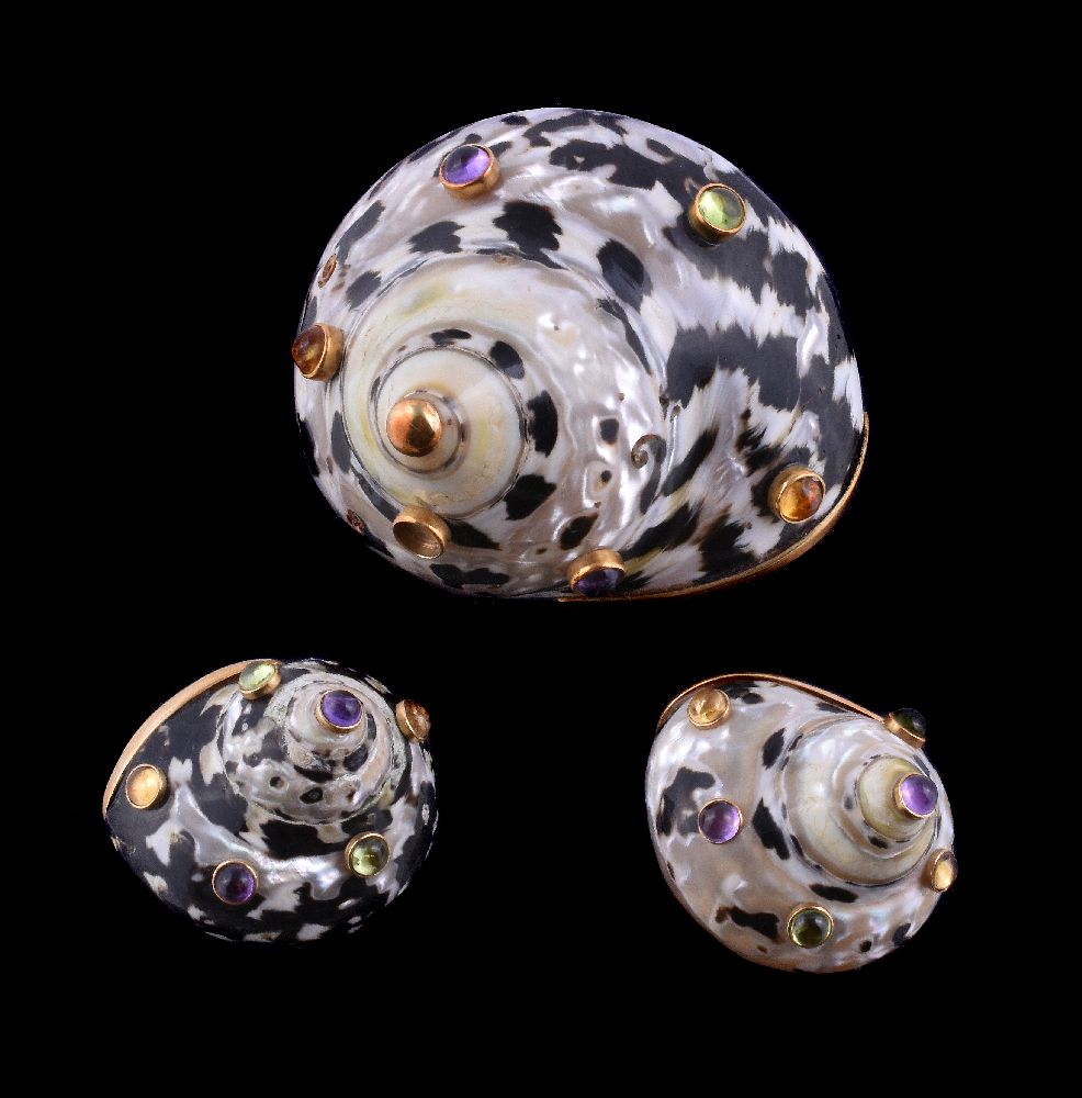 A multi gem set shell (Cittarium Pica) brooch, the brown and white mottled shell (Cittarium Pica),