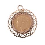 Victoria, an 1880 sovereign pendant, in a 9 carat gold pierced heart setting, stamped 375, 3.8cm