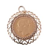 Victoria, an 1880 sovereign pendant, in a 9 carat gold pierced heart setting, stamped 375, 3.8cm