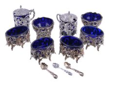 A 19th century Belgian silver six piece cruet set, maker's mark W, a duck above (not traced), 1831-