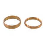 Two 22 carat gold wedding bands, finger size P 1/2 and K 1/2, 7.2 g gross