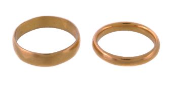 Two 22 carat gold wedding bands, finger size P 1/2 and K 1/2, 7.2 g gross