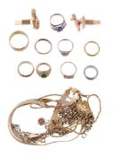 A selection of gold coloured jewellery, to include: necklaces; rings; and other items, 93g gross