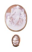 A shell cameo brooch, the oval panel carved with the Virgin Mary, Jesus and St. John the Baptist, in