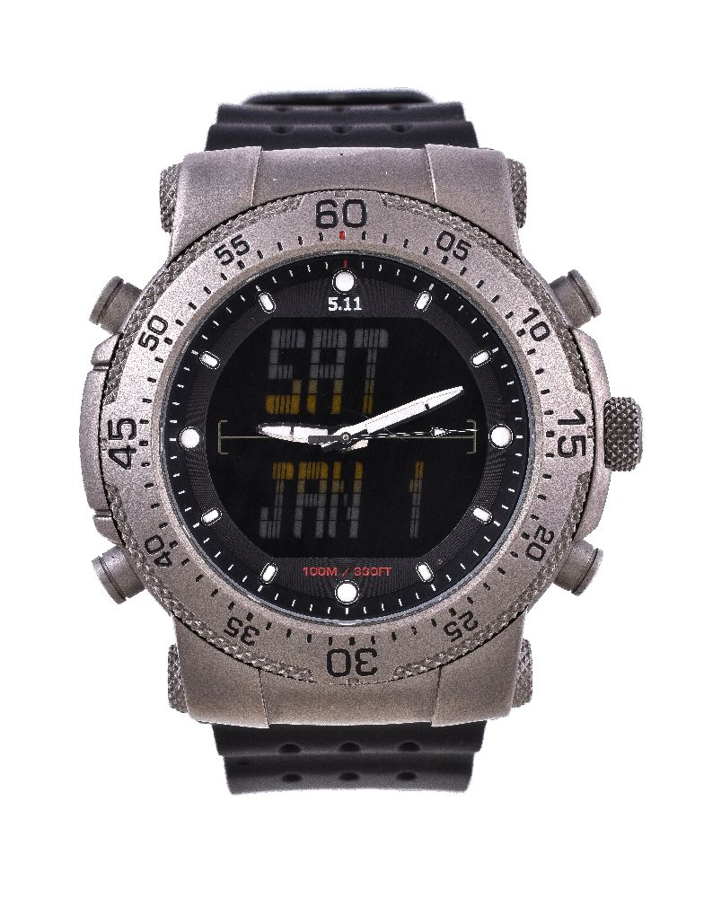 5.11 Tactical, a titanium wristwatch, Chinese quartz movement, black digital dial, luminous baton