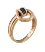 A sapphire ring, the reeded band set with rectangular cut sapphires, with a polished loop, stamped