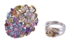 A dress ring, designed as a foliate panel set with vari cut synthetic gemstones, stamped 585, finger