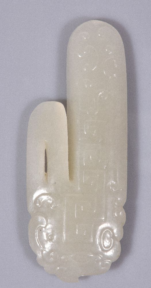Three Chinese white jade archaistic carvings, the pale even stones with some mottled white - Image 3 of 5