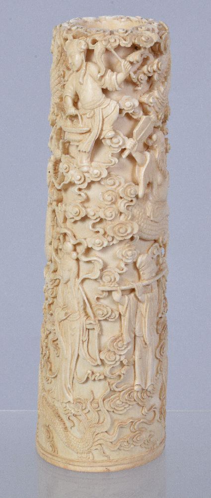 Y A Chinese Ivory tusk vase, of typically curved form deeply carved in relief with dragons Guan Yin - Image 5 of 6