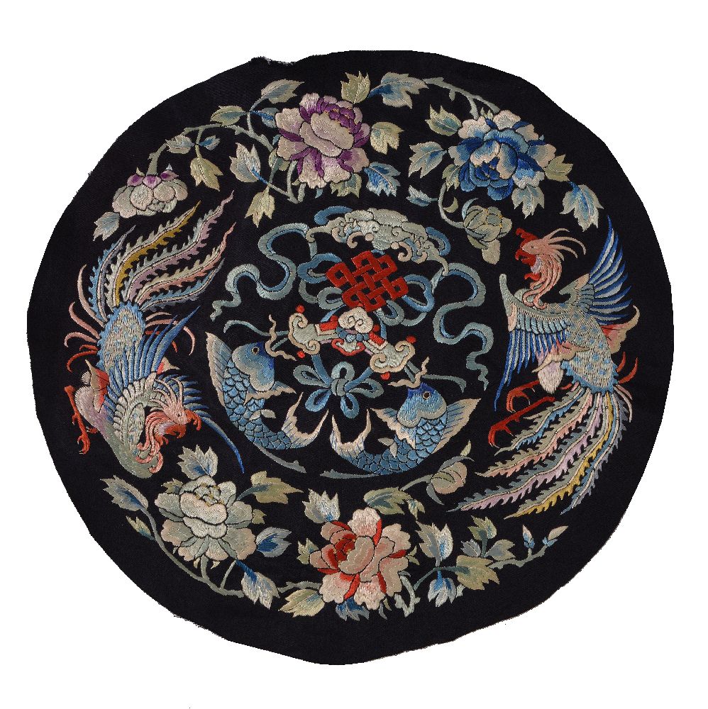 Three Chinese embroidered roundels, Qing Dynasty, one small blue example, 18th century, - Image 2 of 4