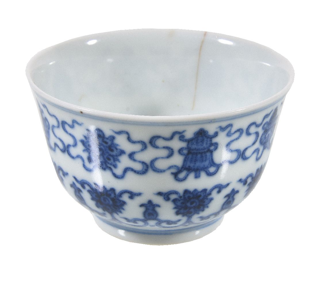 A Chinese blue and white small bowl, the steep sides with the bajixiang above stylized lotus - Image 2 of 3