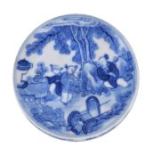A Chinese blue and white seal paste box and cover, Qing Dynasty, probably depicting a seated sage