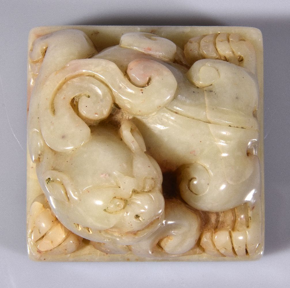 A Chinese 'Mythical Beast' square jade or hardstone seal, possibly 18th or 19th century, the pale - Image 4 of 5