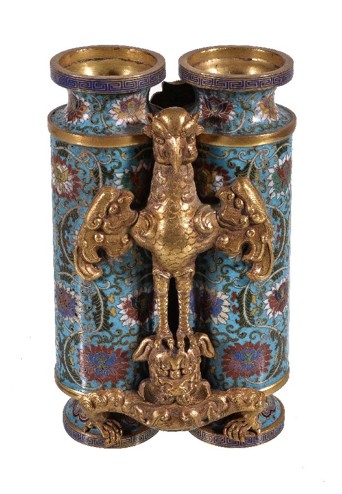 A Chinese cloisonné enamel and gilt-bronze 'Champion' vase, comprised of two cylindrical vases