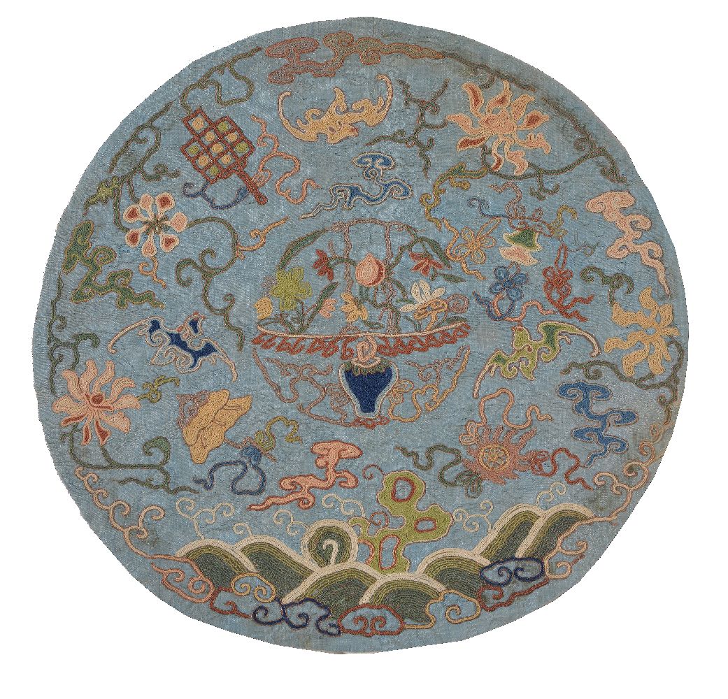 Three Chinese embroidered roundels, Qing Dynasty, one small blue example, 18th century, - Image 3 of 4