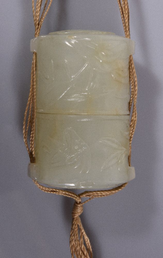 A Chinese pale celadon jade cylindrical container and cover, Qing Dynasty, possibly18th or 19th - Image 2 of 3