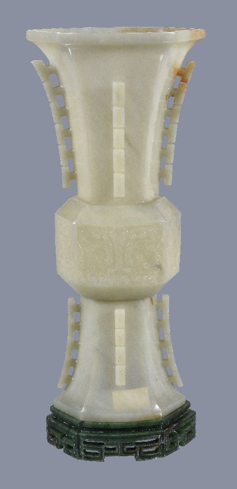A Chinese celadon jade gu-shaped octagonal vase, with russet inclusions around part of the neck, - Image 3 of 5