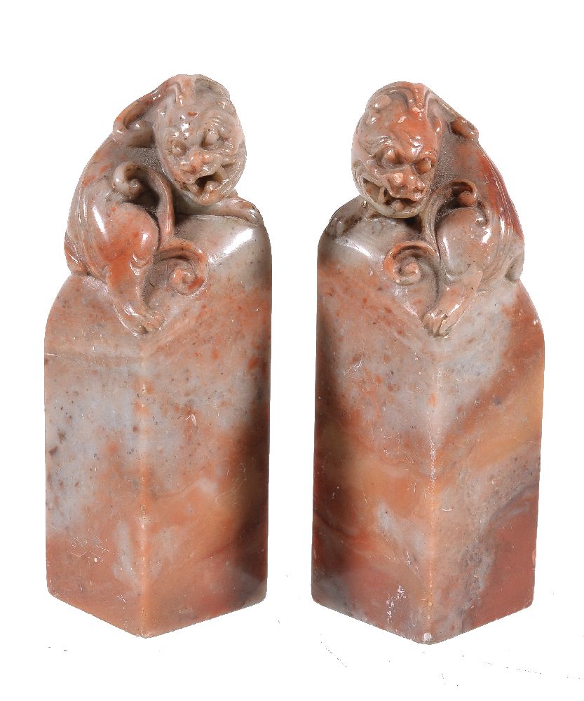 A pair of Chinese Shoushan soapstone seals, Qing Dynasty, late 19th century, the mottled veined