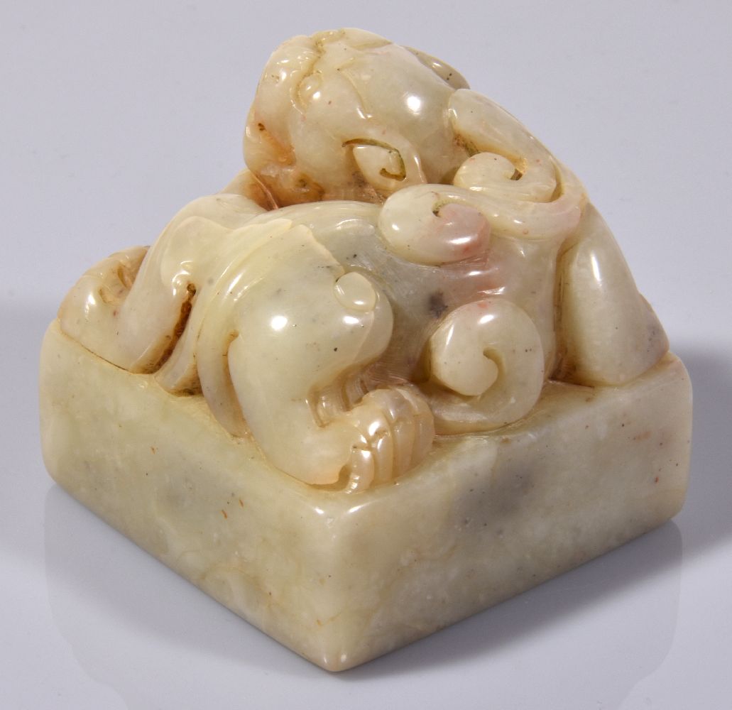 A Chinese 'Mythical Beast' square jade or hardstone seal, possibly 18th or 19th century, the pale - Image 3 of 5