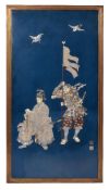 Y A Japanese blue lacquer panel of rectangular form within a later gilt wood frame, the panel inlaid