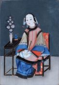 A pair Chinese Export mirror paintings, Qing Dynasty, 19th century, one of a female scribe with