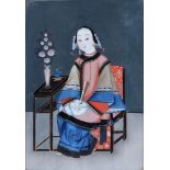 A pair Chinese Export mirror paintings, Qing Dynasty, 19th century, one of a female scribe with