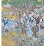 A Chinese gold-ground watercolour, Qing Dynasty, probably depicting King Wen visiting Jiang Ziya,