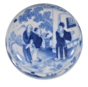 A Chinese blue and white soft-paste circular box and cover, Qing Dynasty, probably depicting two