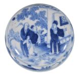 A Chinese blue and white soft-paste circular box and cover, Qing Dynasty, probably depicting two