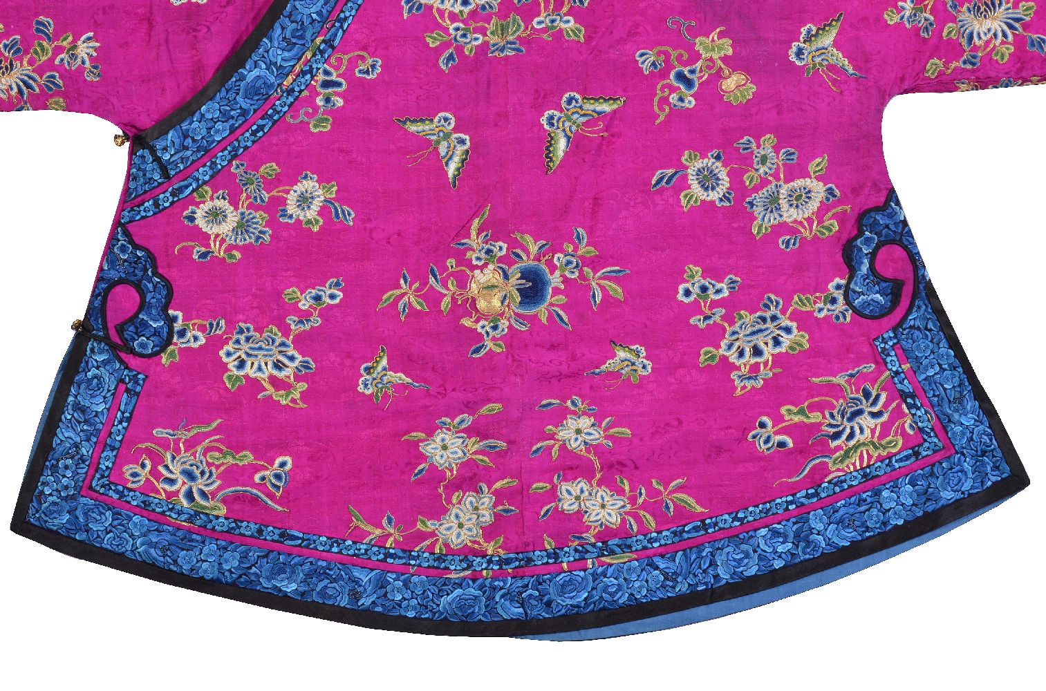 A Chinese embroidered magenta satin woman's side opening informal jacket, Qing Dynasty, late 19th - Image 3 of 7