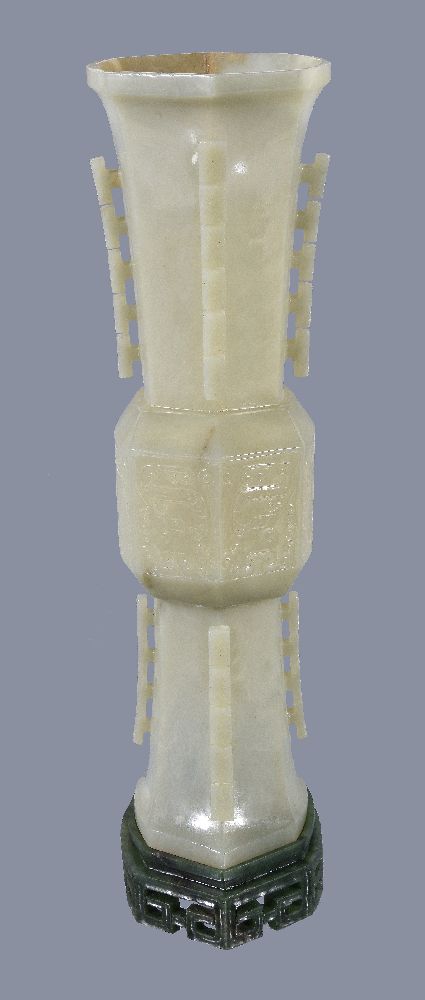 A Chinese celadon jade gu-shaped octagonal vase, with russet inclusions around part of the neck, - Image 4 of 5