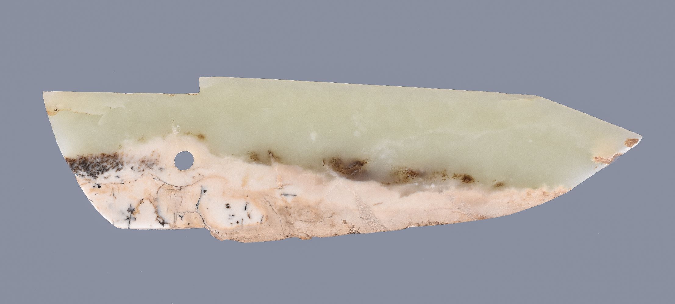 A Chinese archaistic celadon and white jade blade, with a single circular aperture and another - Image 2 of 2
