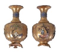 A pair of Gold lacquered Shibayama style vases, each of bulbous, quatrelobed form richly decorated