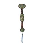A large Chinese hardwood cloisonné inlaid ruyi sceptre, Qing Dynasty, inset with green-ground