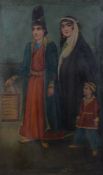 A Qajar style portrait of a young couple, Persia, early 20th century, the man holding a lantern,