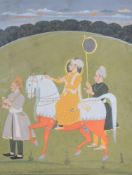 An Indian portrait of a ruler on horseback, Mewar, Rajasthan, India, 18th century, with two