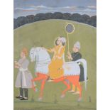 An Indian portrait of a ruler on horseback, Mewar, Rajasthan, India, 18th century, with two