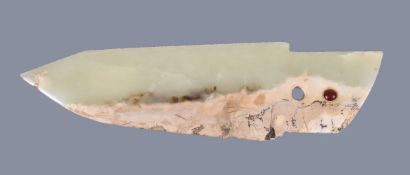 A Chinese archaistic celadon and white jade blade, with a single circular aperture and another