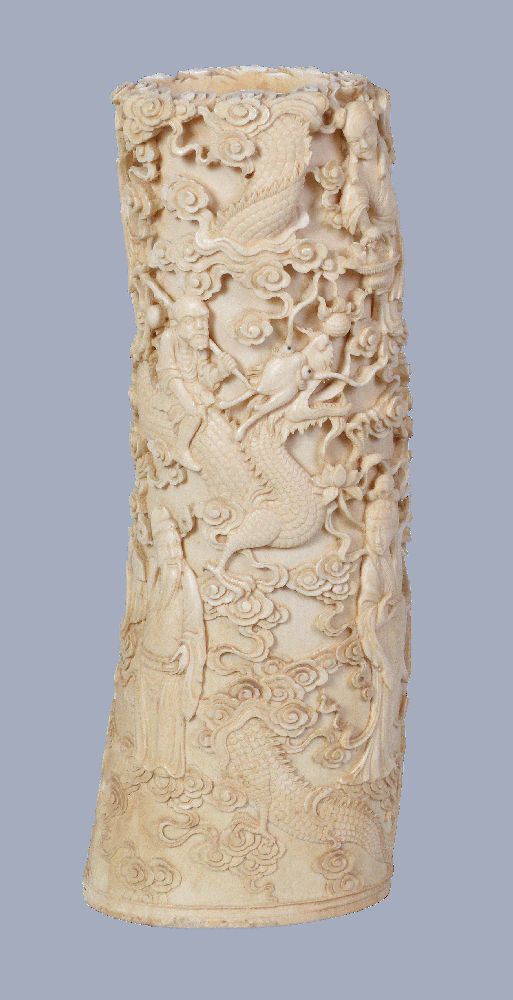 Y A Chinese Ivory tusk vase, of typically curved form deeply carved in relief with dragons Guan Yin - Image 2 of 6