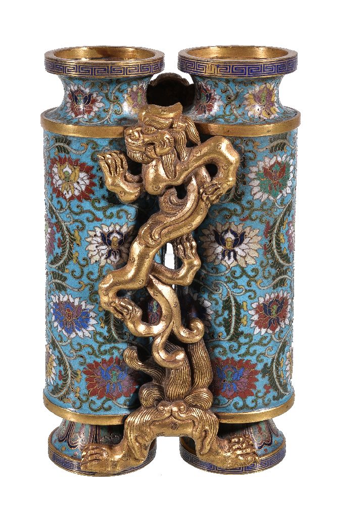 A Chinese cloisonné enamel and gilt-bronze 'Champion' vase, comprised of two cylindrical vases - Bild 3 aus 4