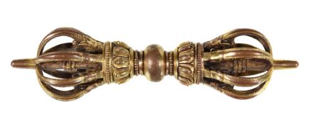 A Sino-Tibetan gilt-bronze Vajra, the ‘thunderbolt’ sceptre cast on each side with a lotus