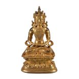 A Sino-Tibetan gilt bronze Amitayus, China or Tibet, cast seated in dhyanasana on a high double-