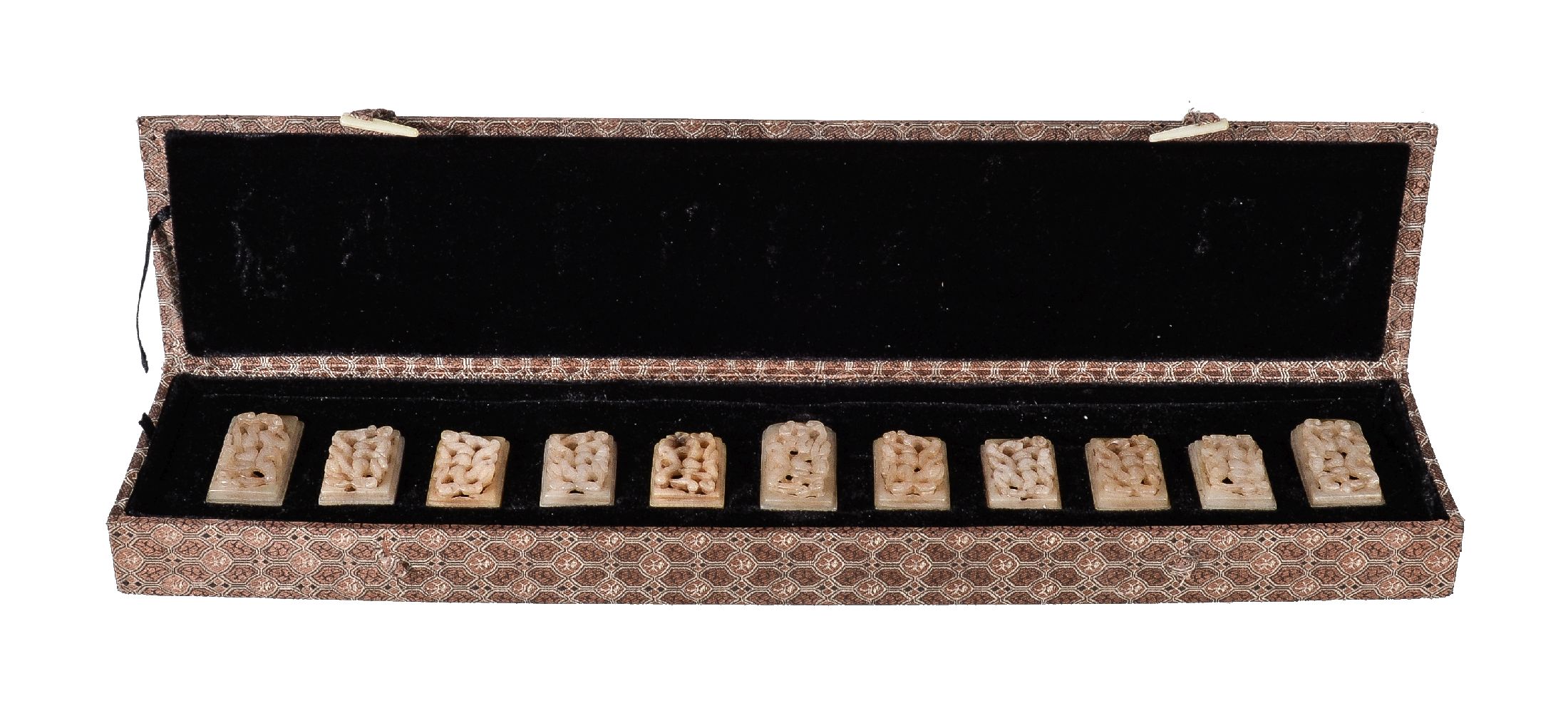 A set of eleven Chinese white and brown pierced jade belt ornaments, in Ming-style, each carved with - Image 2 of 2