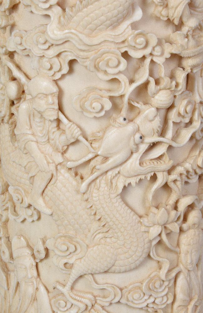 Y A Chinese Ivory tusk vase, of typically curved form deeply carved in relief with dragons Guan Yin - Image 3 of 6